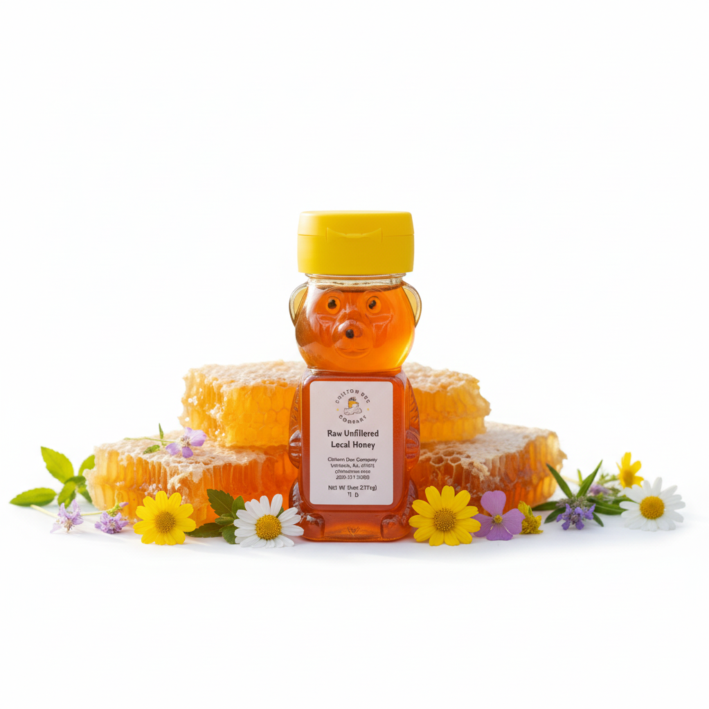 Raw wildflower honey bear bottle with flowers from Alabama