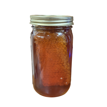 Glass jar of raw Alabama chunk honey with honeycomb visible inside, silver lid, white background