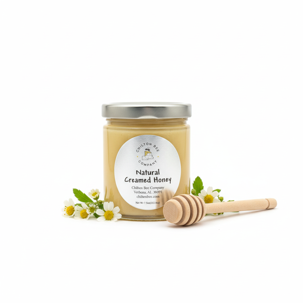 Creamed honey jar with wooden honey dipper and wildflowers - smooth spreadable Alabama honey