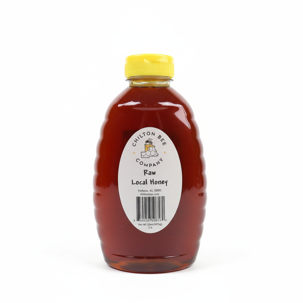 Raw Alabama wildflower honey squeeze bottle - 2 pound pure honey on white background