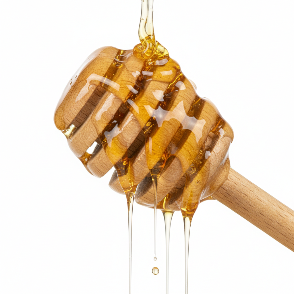 Close-up of wooden honey dipper grooves dripping with golden honey