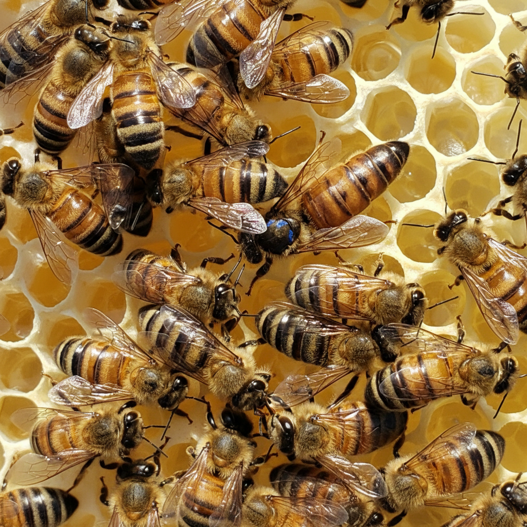 Highlights the live queen with workers and mite-resistant traits