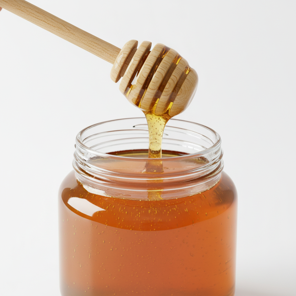 Wooden honey dipper dipping into glass jar of golden Alabama wildflower honey