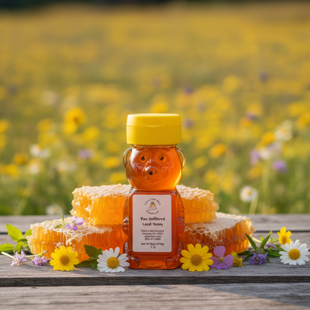 Alabama wildflower honey bear bottle with honeycomb on rustic wood