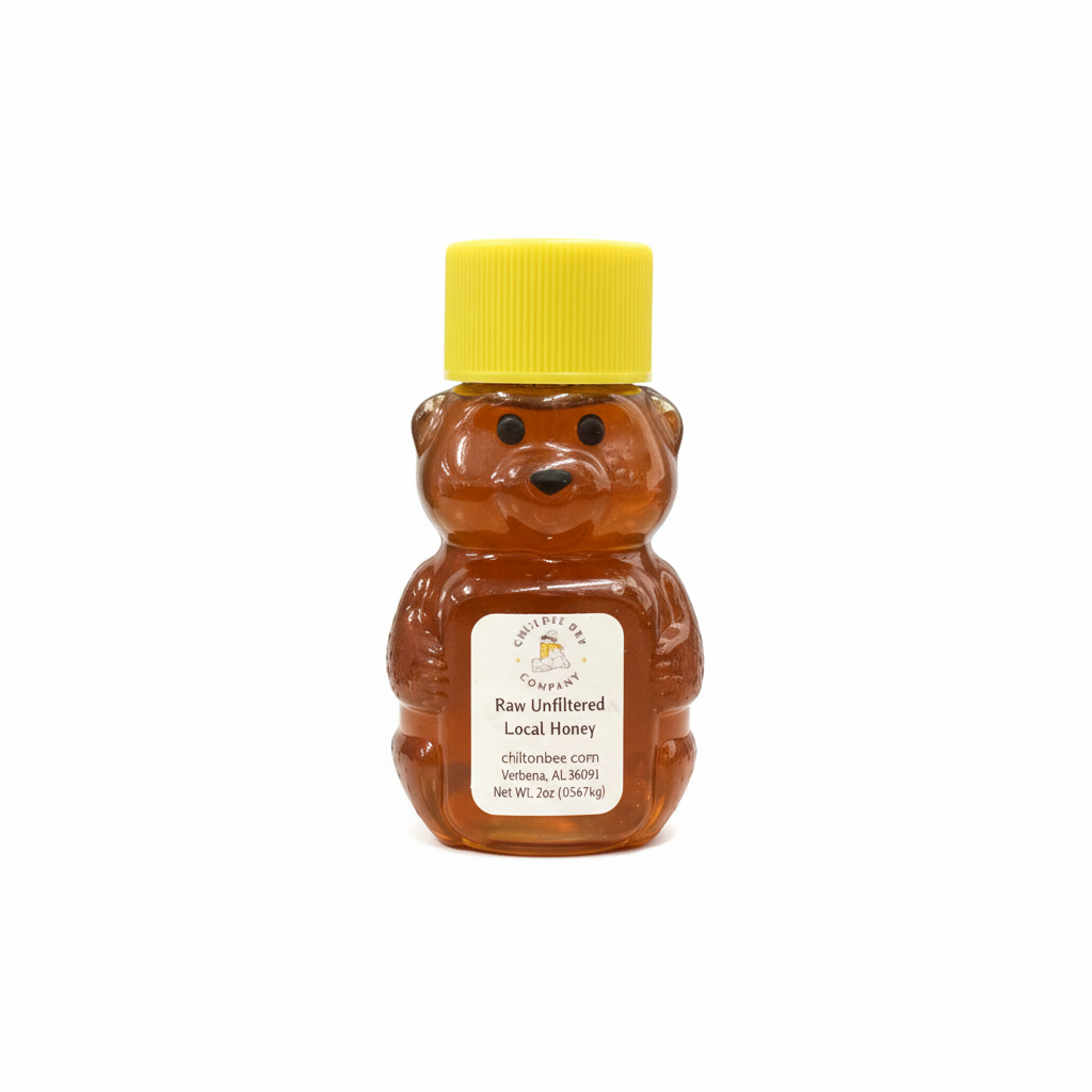 Chilton Bee Company wildflower honey 2oz product shot. Honey bear bottle with yellow cap on a white background