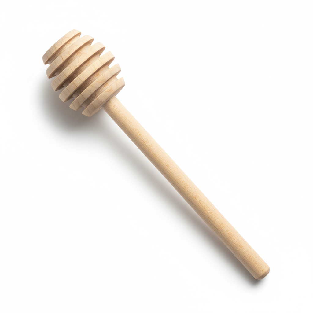 6 inch wooden honey dipper with grooved head on white background